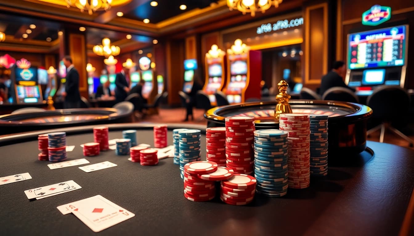 Exciting gambling scene on af88.com featuring poker chips, cards, and slot machines in a luxurious casino.