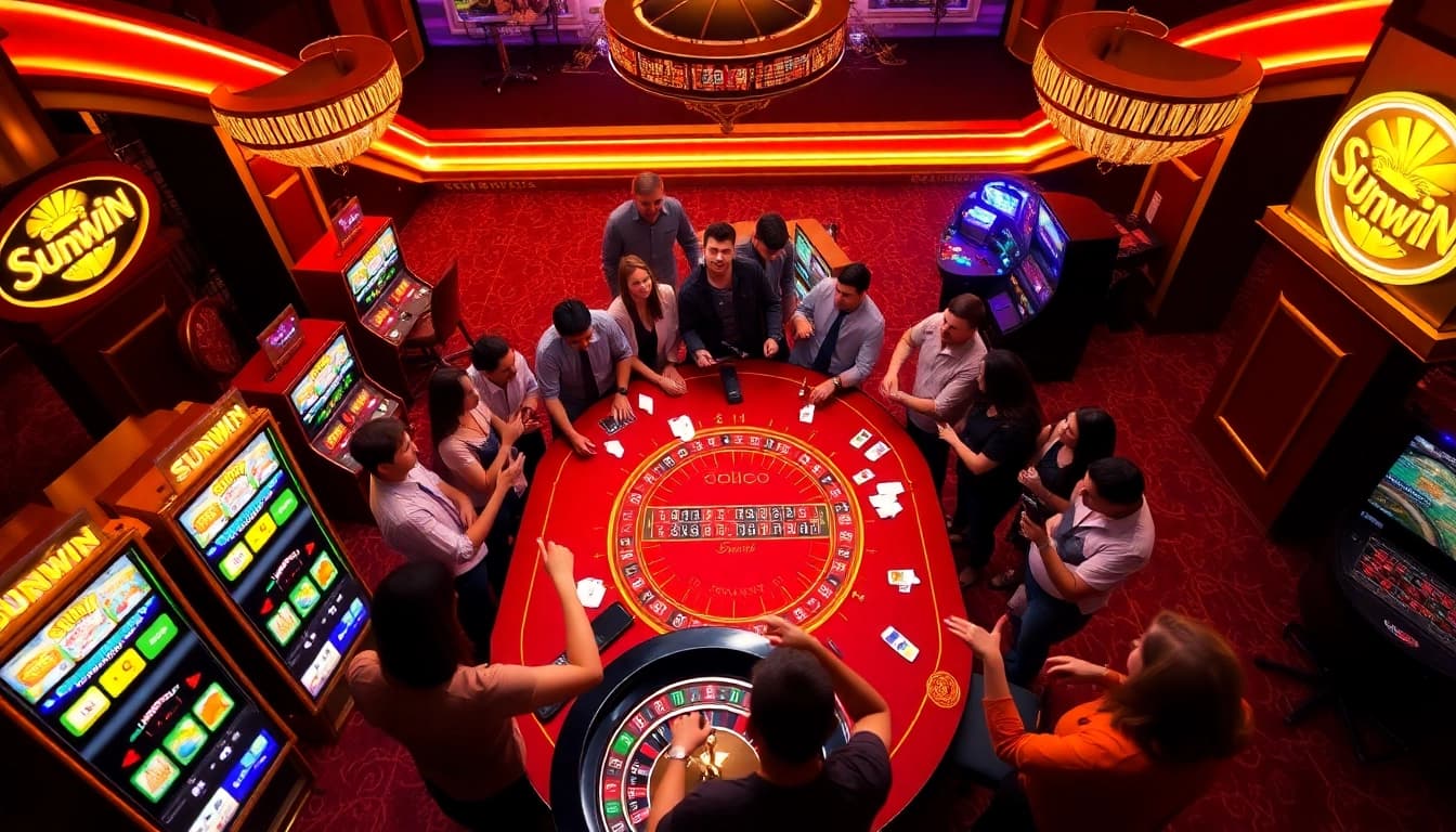 Players enjoying a thrilling gaming experience at Sunwin's vibrant casino table.