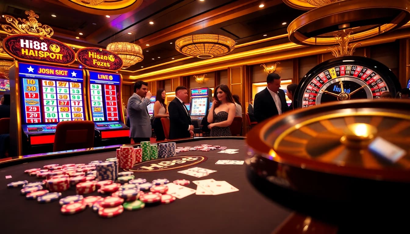 Hi88 poker table loaded with colorful chips and high-stakes cards, embodying luxury and excitement.
