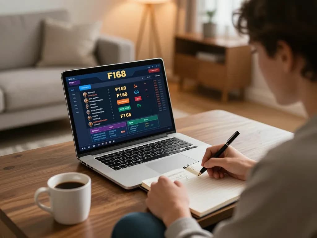 Player analyzing F168 gaming strategies in a cozy online casino setup at home.