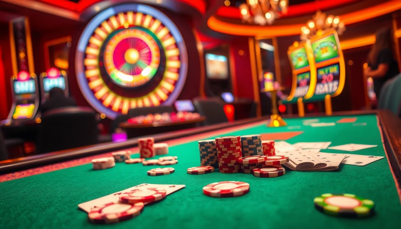 Engage in thrilling games at https://kong88.win, featuring a luxurious poker table and roulette wheel.