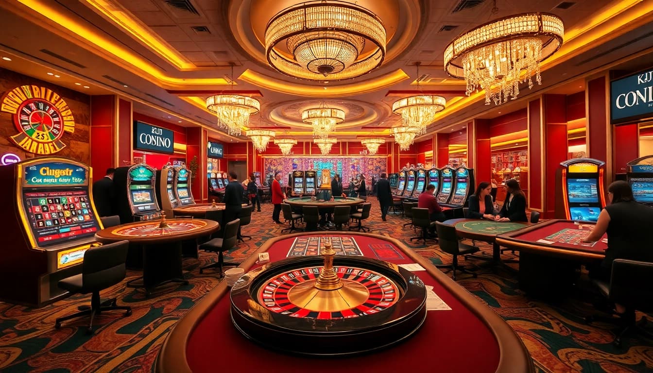 KJC gaming scene with poker tables and slot machines, highlighting excitement in a casino atmosphere.