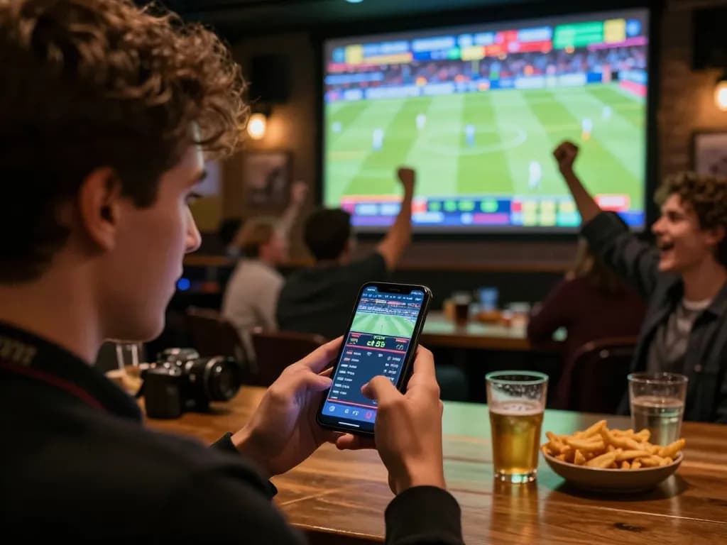 Engaged bettor at UU88 placing a live sports wager on a smartphone in an animated bar setting.