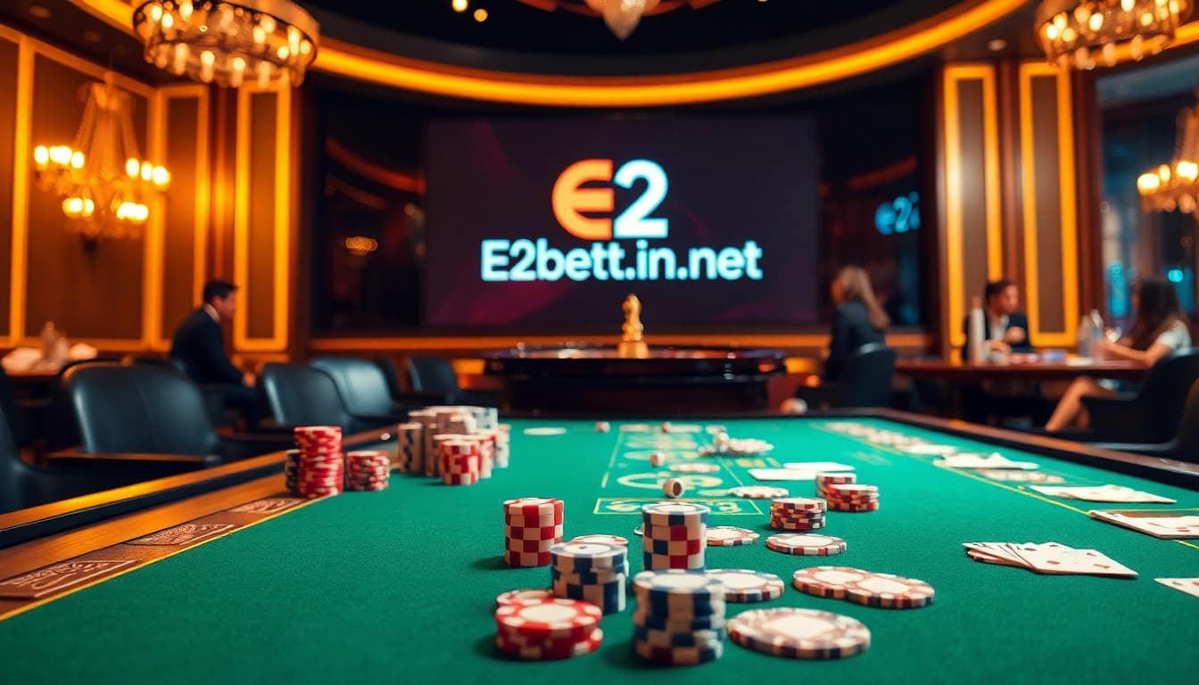 Experience the thrill of E2bett.in.net as players enjoy high-stakes poker at an elegant casino table.
