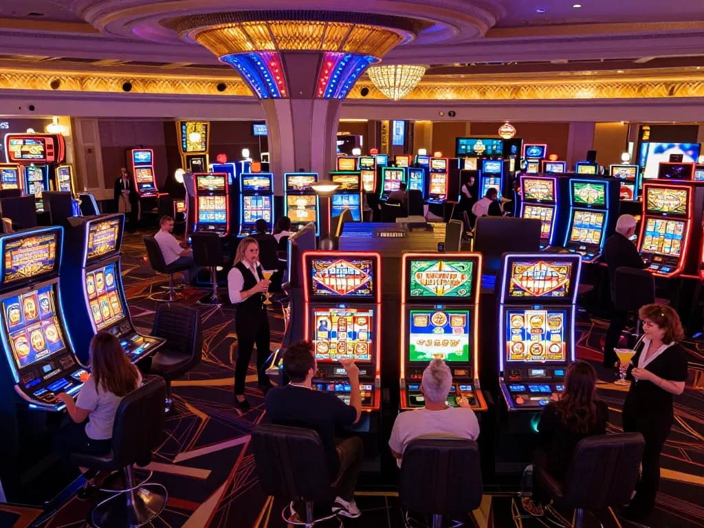 Suasana menarik yang menampilkan pemain menang di mesin slot di kasino vegas yang cerah, momen jackpot mpi2121.