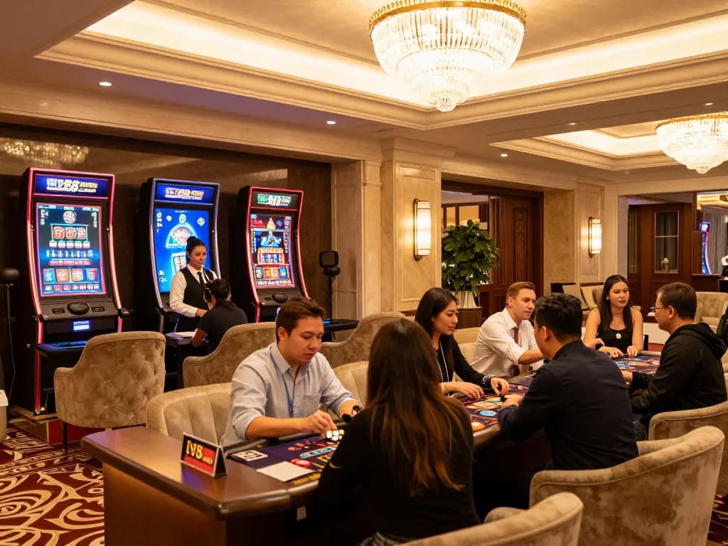 Players enjoying the luxurious ambiance of lv88.com casino lobby with friendly staff.