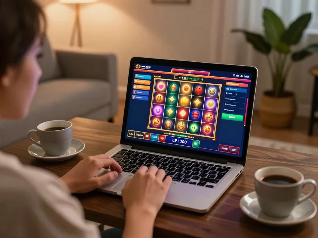 Player enjoying rikvip online slot game on laptop, showcasing vibrant gameplay in cozy home setting.
