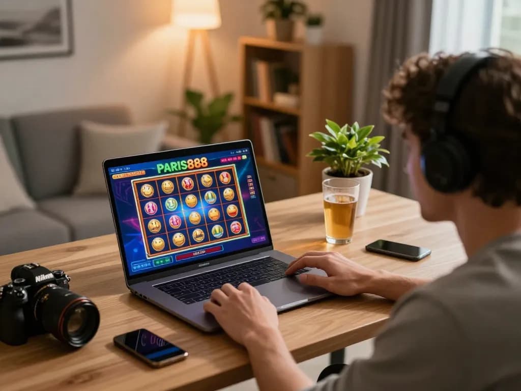 Player engaging with the paris888 online slot game, showcasing vibrant visuals and gaming excitement in a cozy setting.