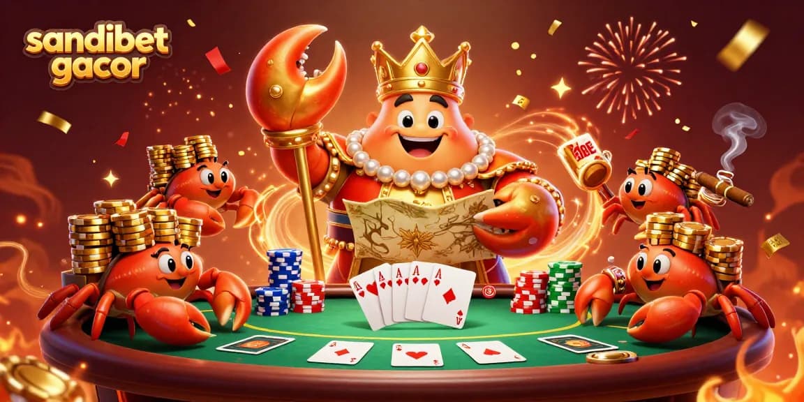 Experience the thrill at sandibet gacor with a golden crab emperor reigning over poker chips and cards.
