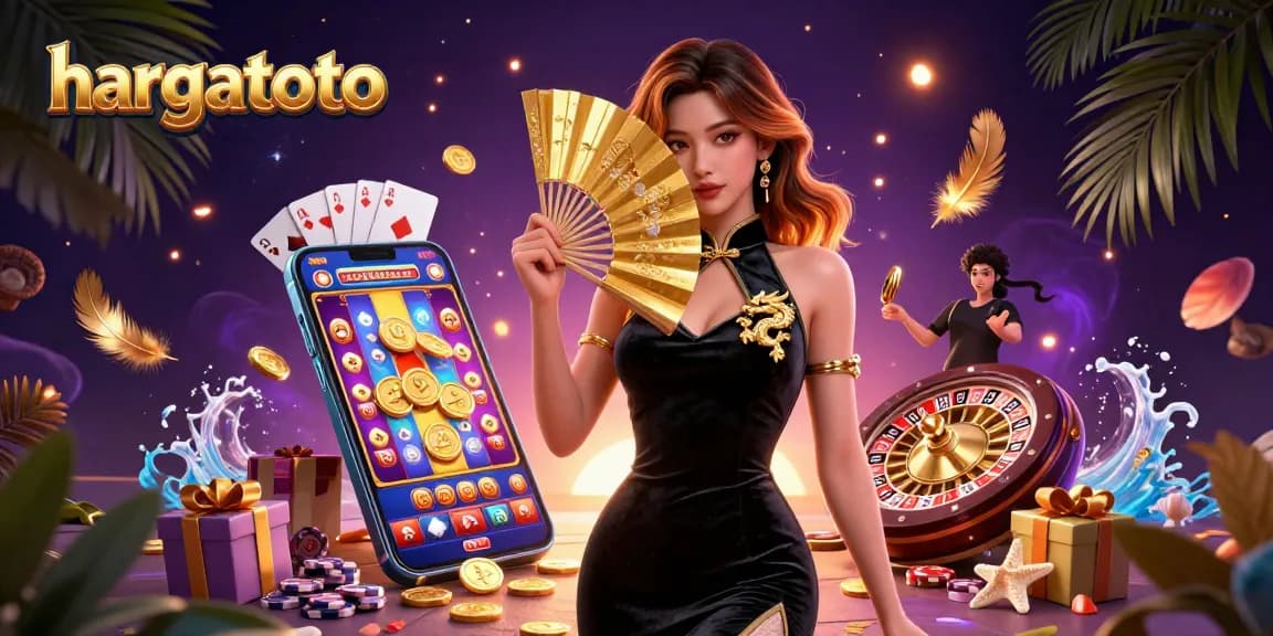 Engage in thrilling gameplay with hargatoto through a vibrant casino illustration showcasing dynamic slot action.
