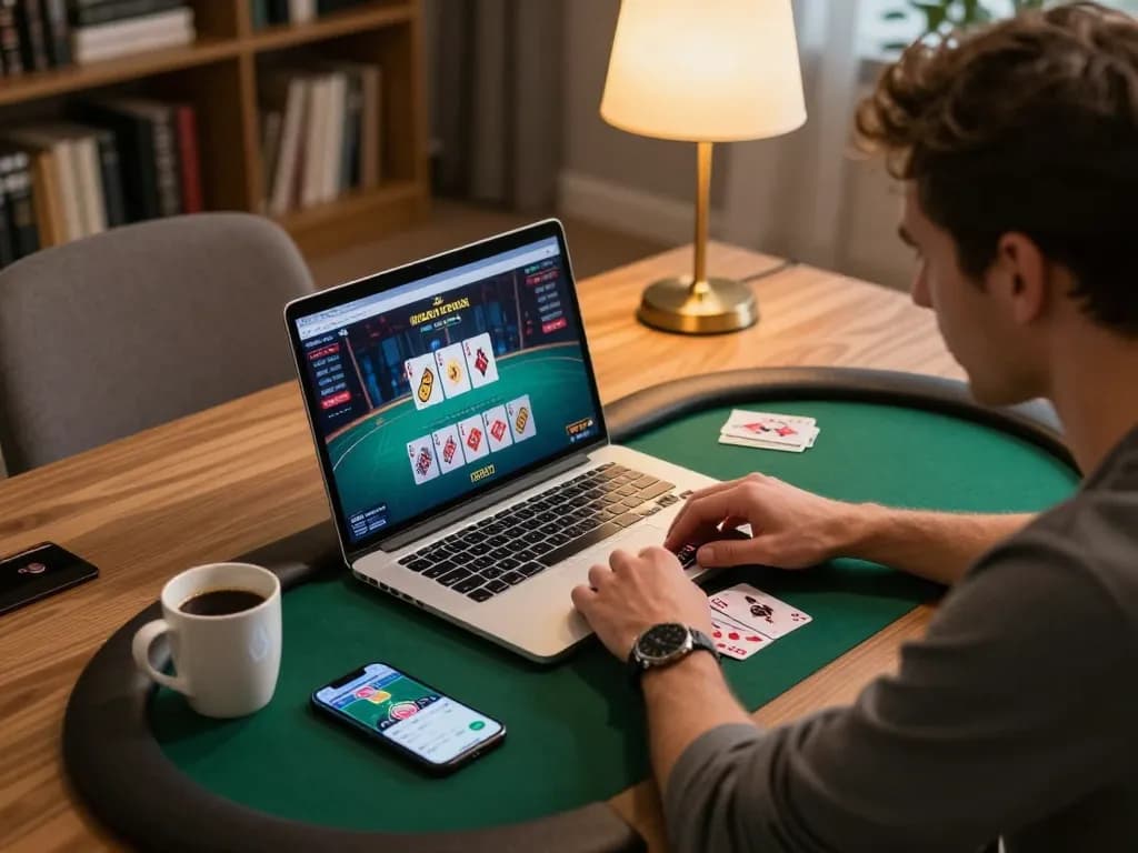 Player engaged in online gambling on tg88 with laptop and smartphone in a cozy setting
