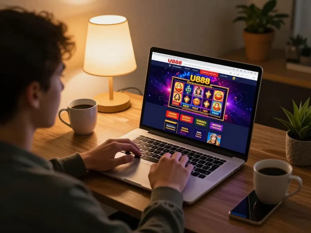 Player enjoying U888 online casino gaming at home, vibrant screen displaying slots.
