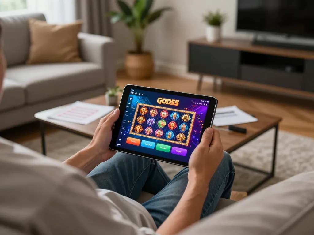 Engaged player using God55 app for an immersive mobile casino experience on a cozy sofa