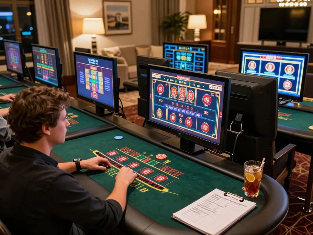 Person engaging with online da88 casino games on multiple screens, showcasing strategic betting