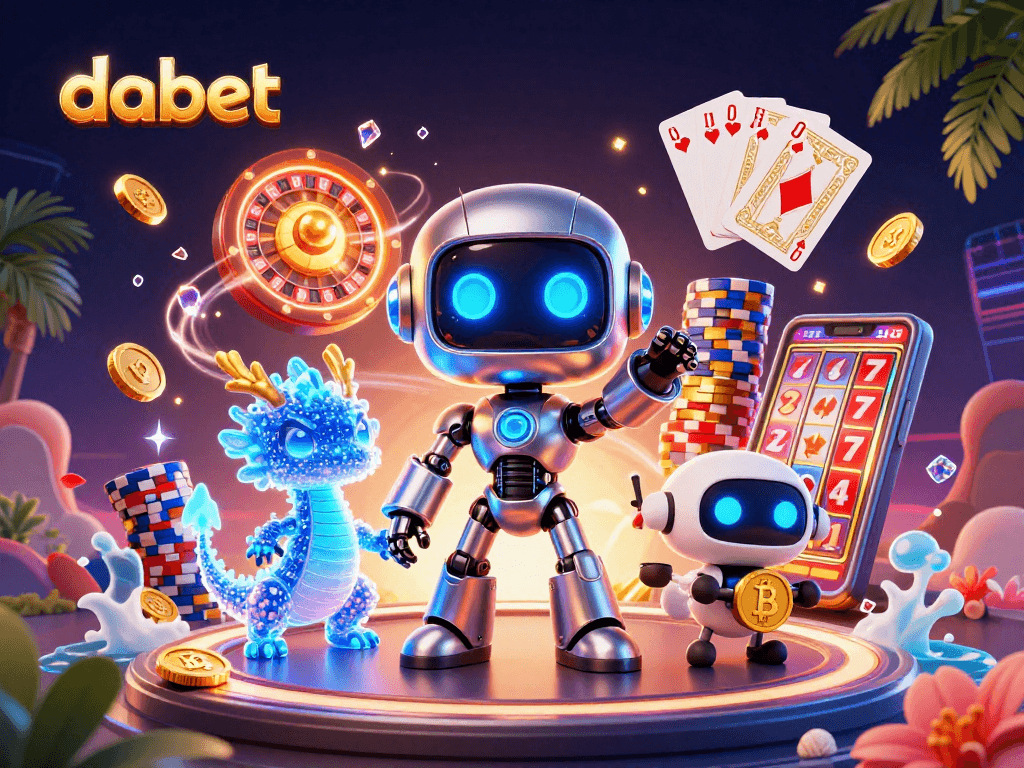Engage with dabet’s vibrant 3D casino scene featuring a cyberpunk robot and treasures!