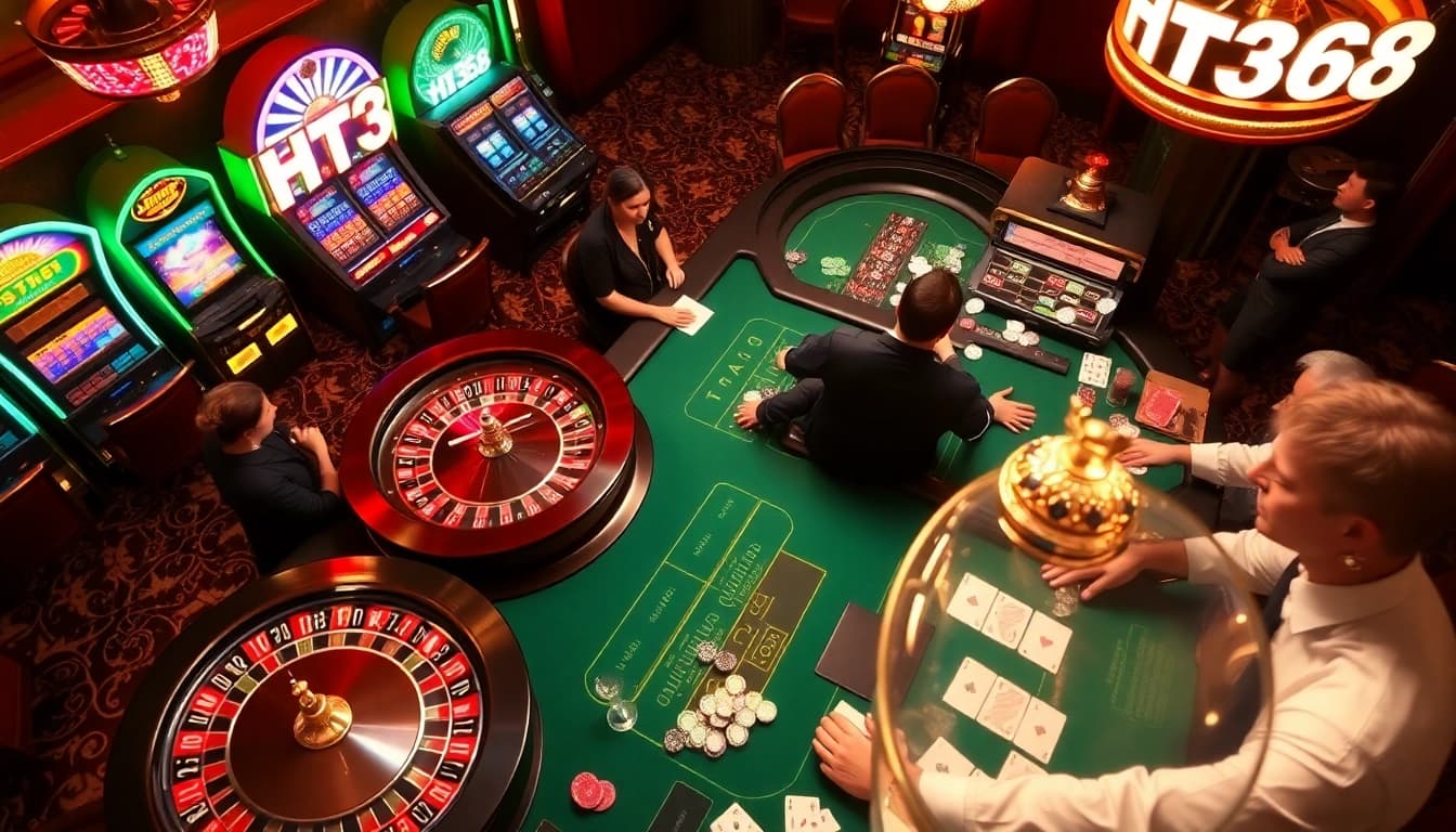 Players engage in thrilling casino games at HT368, showcasing vibrant tables and lively atmosphere.