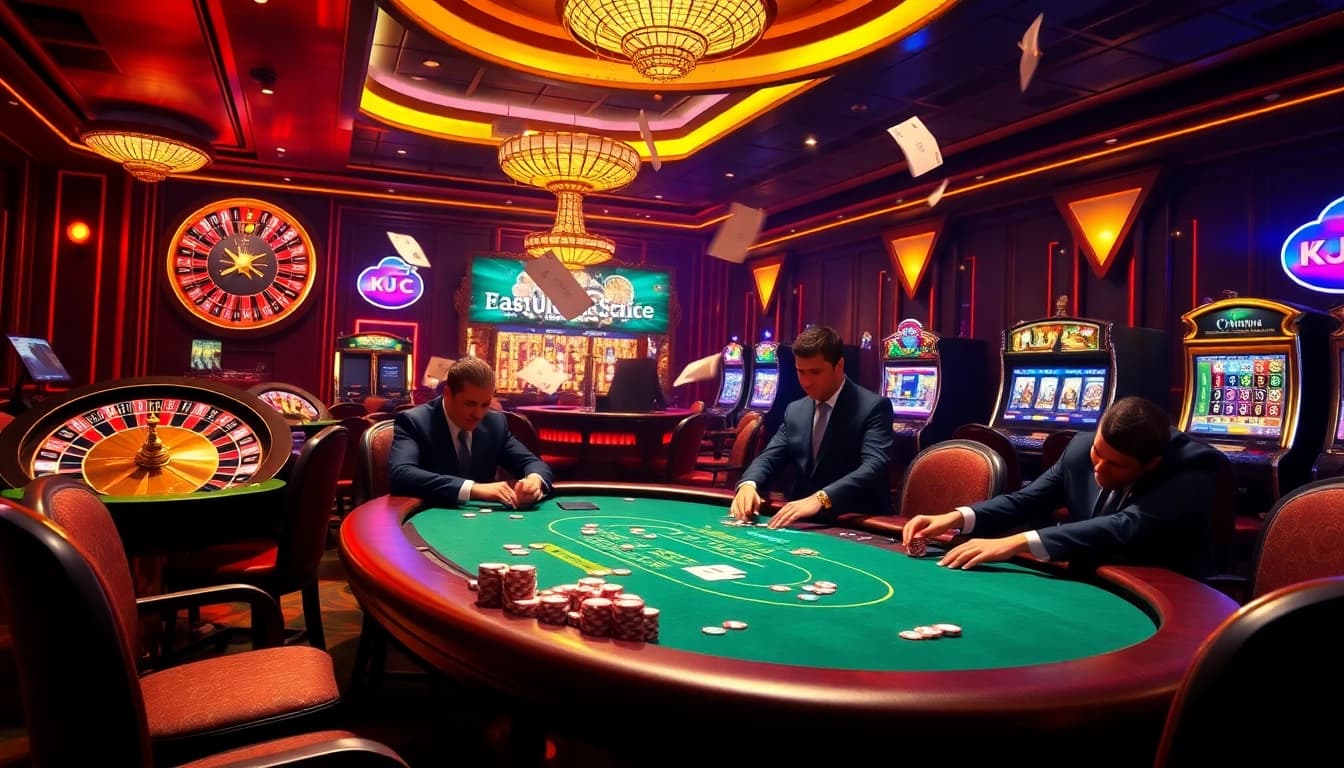 KJC players enjoying high-stakes poker in a luxurious casino setting with vibrant games and exciting atmosphere