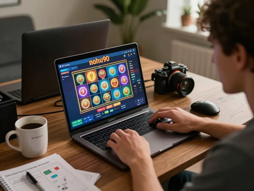Nohu90 player engaging with slot games on a laptop in a cozy home setting