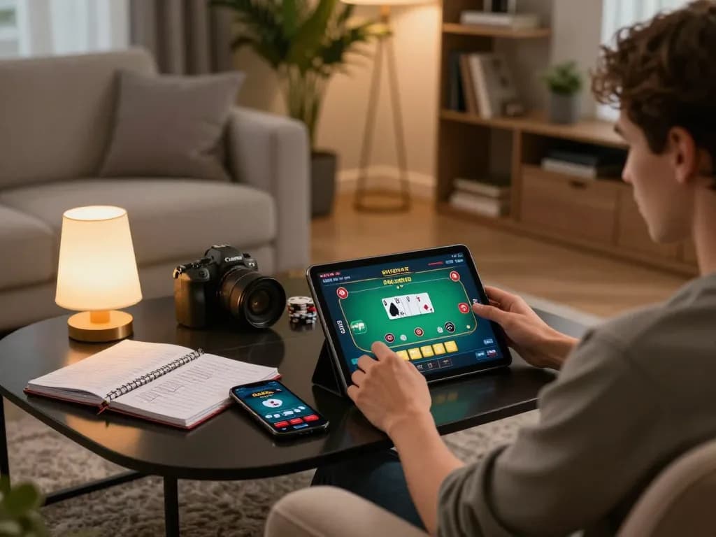 Player engaging with vvvwin online casino app on tablet, showcasing strategic poker gameplay in a cozy home setting.