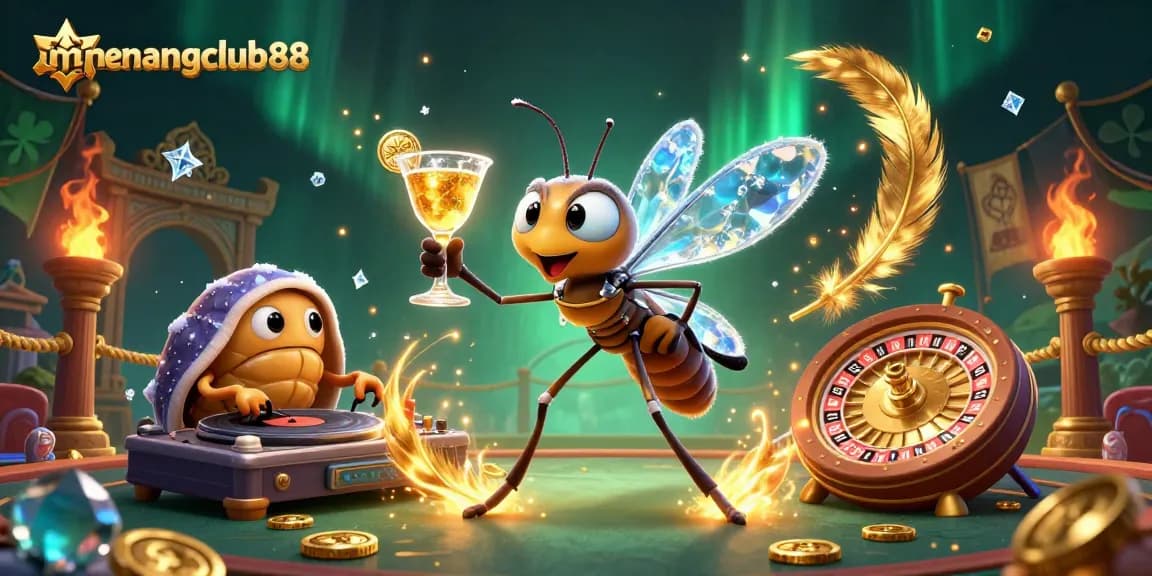 Experience the excitement of menangclub88 with a vibrant 3D casino illustration showcasing unique characters and elements.