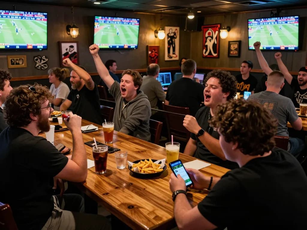 Periksa skor langsung SPBO di smartphone di bar olahraga dengan layar yang menampilkan pertandingan langsung