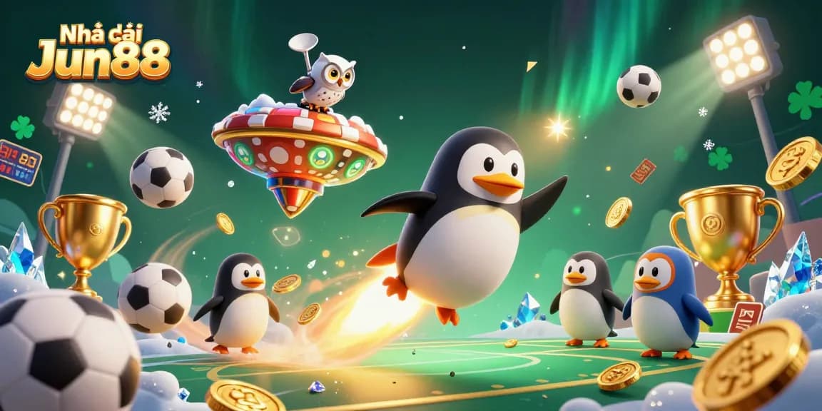 Engage in thrilling gaming action at Nhà cái Jun88 with a dynamic casino-themed illustration featuring a golden penguin.