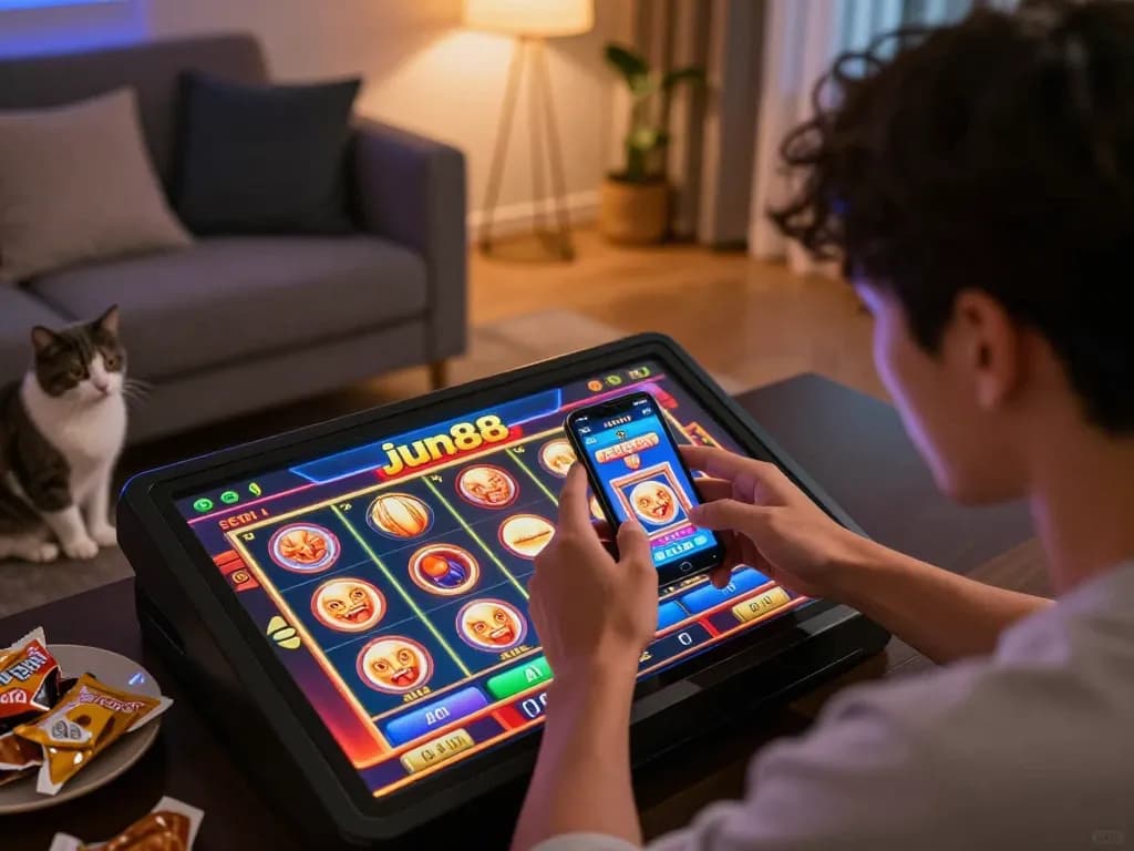 Player engaging with jun88 casino app on smartphone, enjoying an immersive online gaming experience at home.