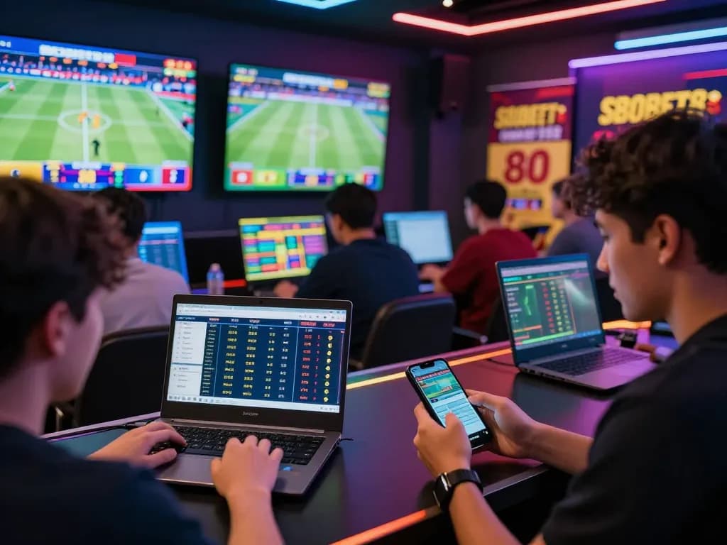 Exciting SBOBET88 online betting scene with diverse bettors analyzing live sports odds and updates.