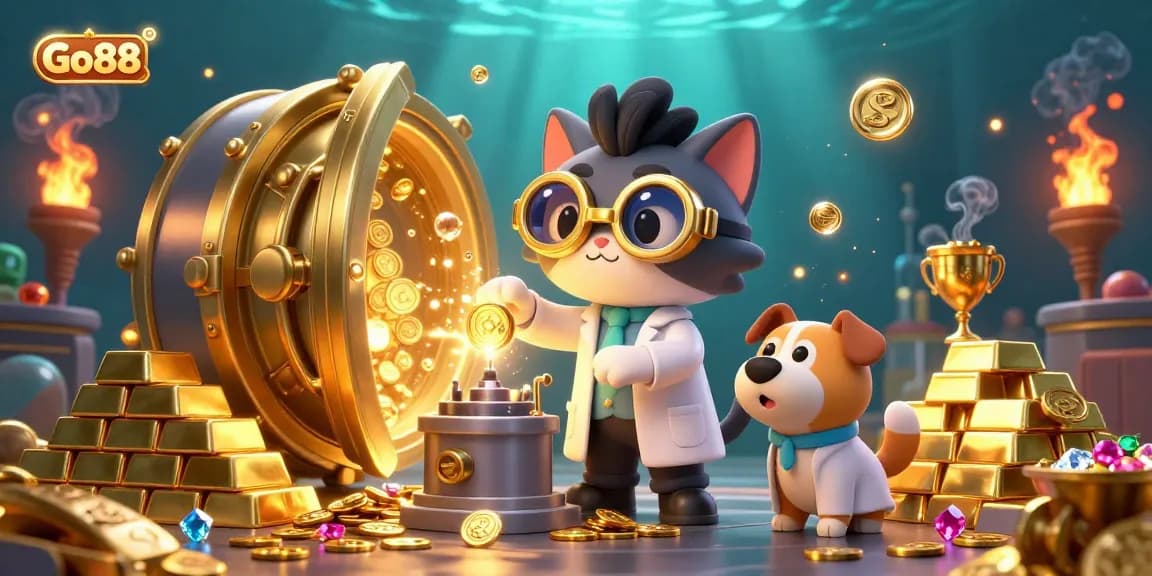 Engage with Go88's vibrant world, featuring a mad scientist cat and loyal assistant amidst a treasure-filled casino.