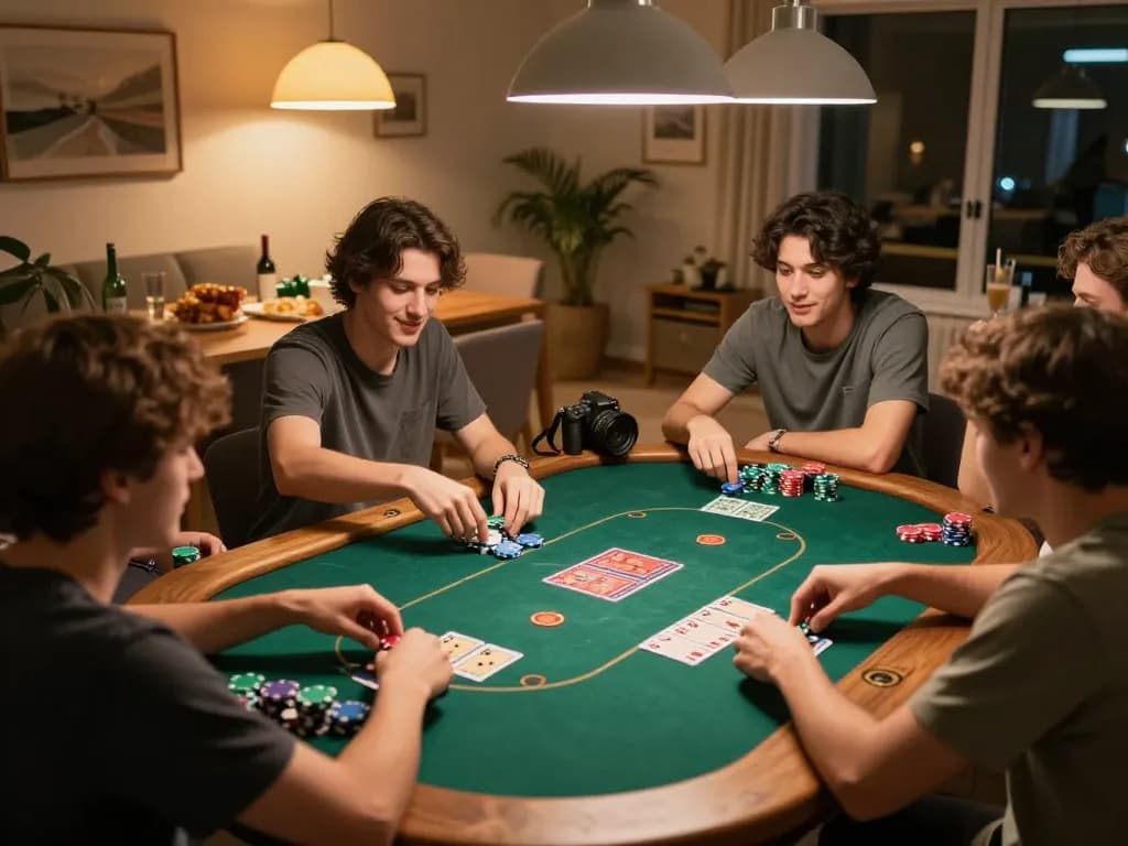 Pemain menikmati malam poker yang mengasyikkan di rumah, menunjukkan semangat permainan 88id dengan chip berwarna-warni dan kompetisi yang ramah.