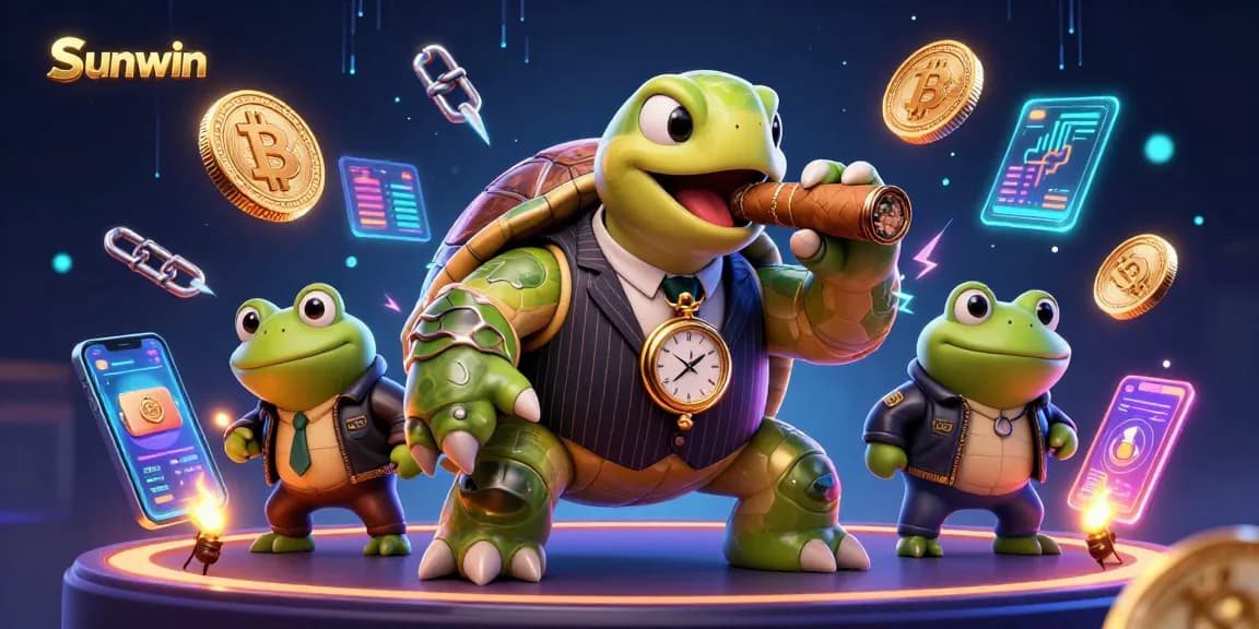 Sunwin enhances your gaming experience with vibrant casino scenes featuring unique characters and cryptocurrency elements.