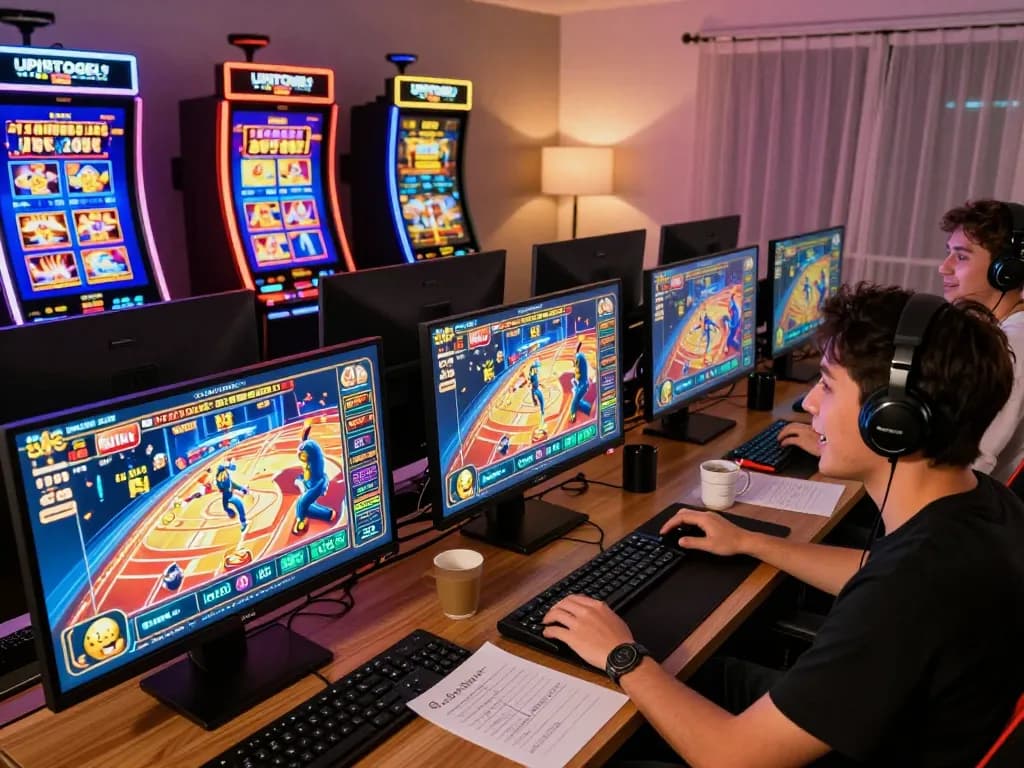 Player engaging with UPINTOGEL live casino games on multiple screens in a vibrant home gaming setup.