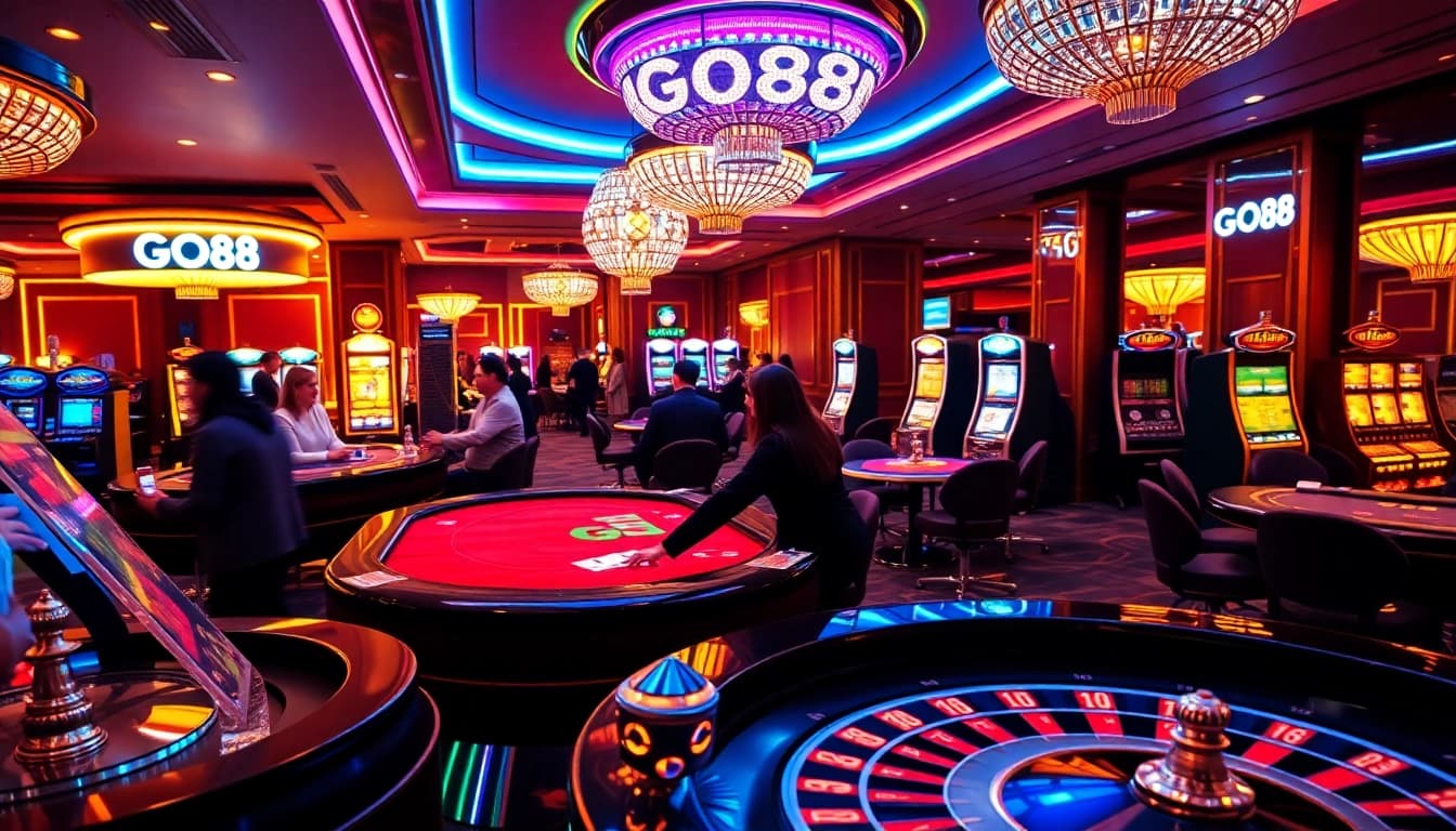 GO88 players betting at a vibrant casino table, enjoying an exciting card game.