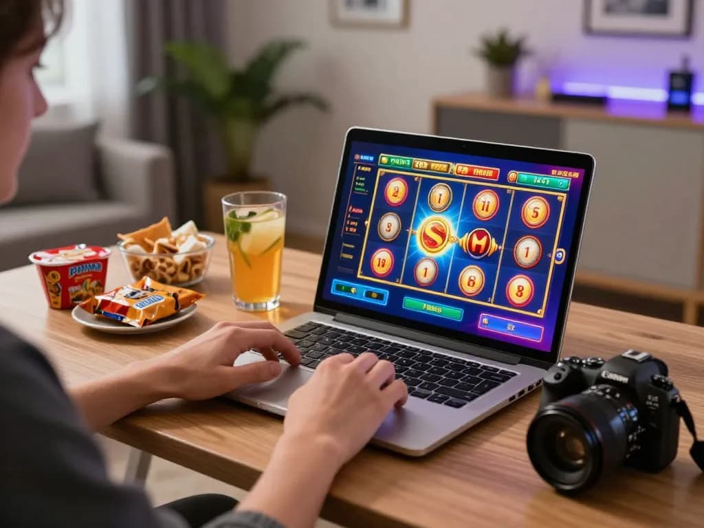 Engaging in a thrilling demo slot game at home with laptop displaying colorful reels