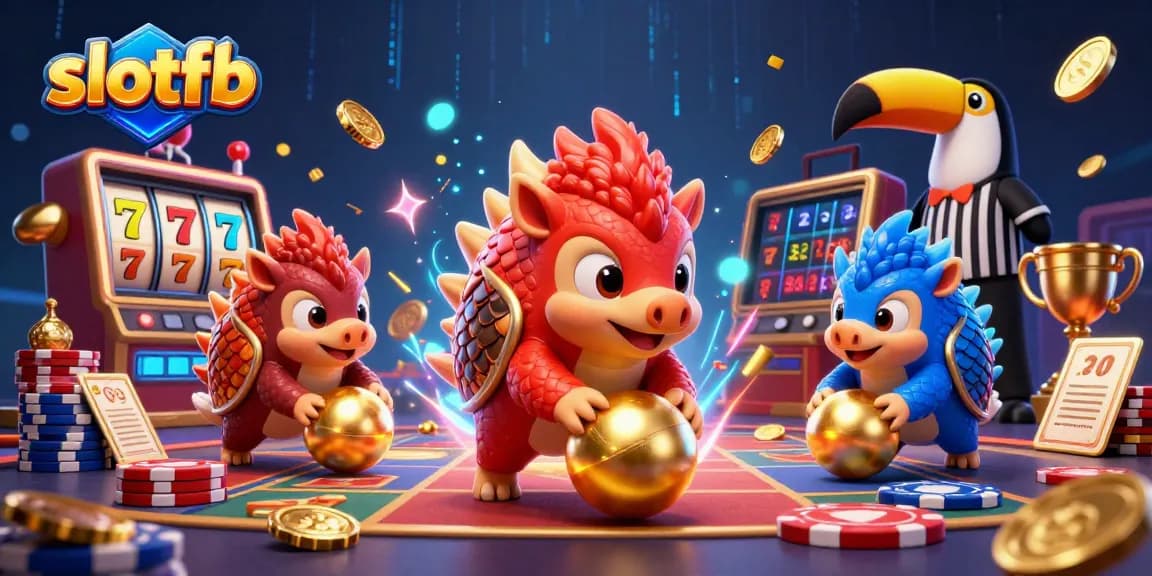 Engage with slotfb's vibrant slot game scene featuring competitive pangolins and golden gaming elements.