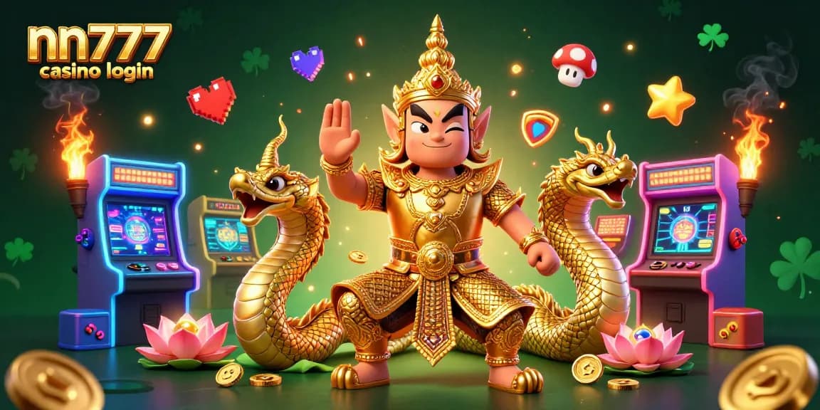 Engage in fast-paced gaming with nn777 casino login featuring a Thai guardian, Naga serpents, and vibrant arcade elements.