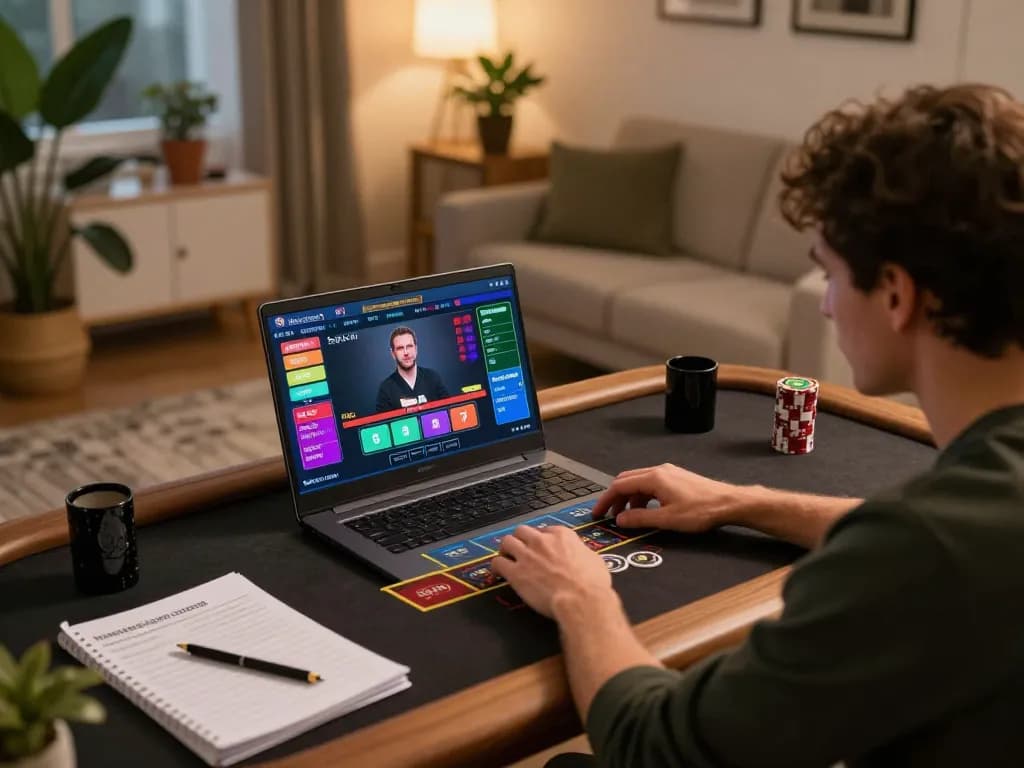 Engaging with tr88 online casino setup at home, showcasing live dealer gameplay on a laptop.