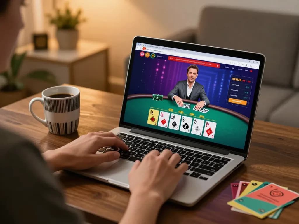 tip88 online gaming experience featuring a laptop user playing poker with vibrant screen and cozy ambiance
