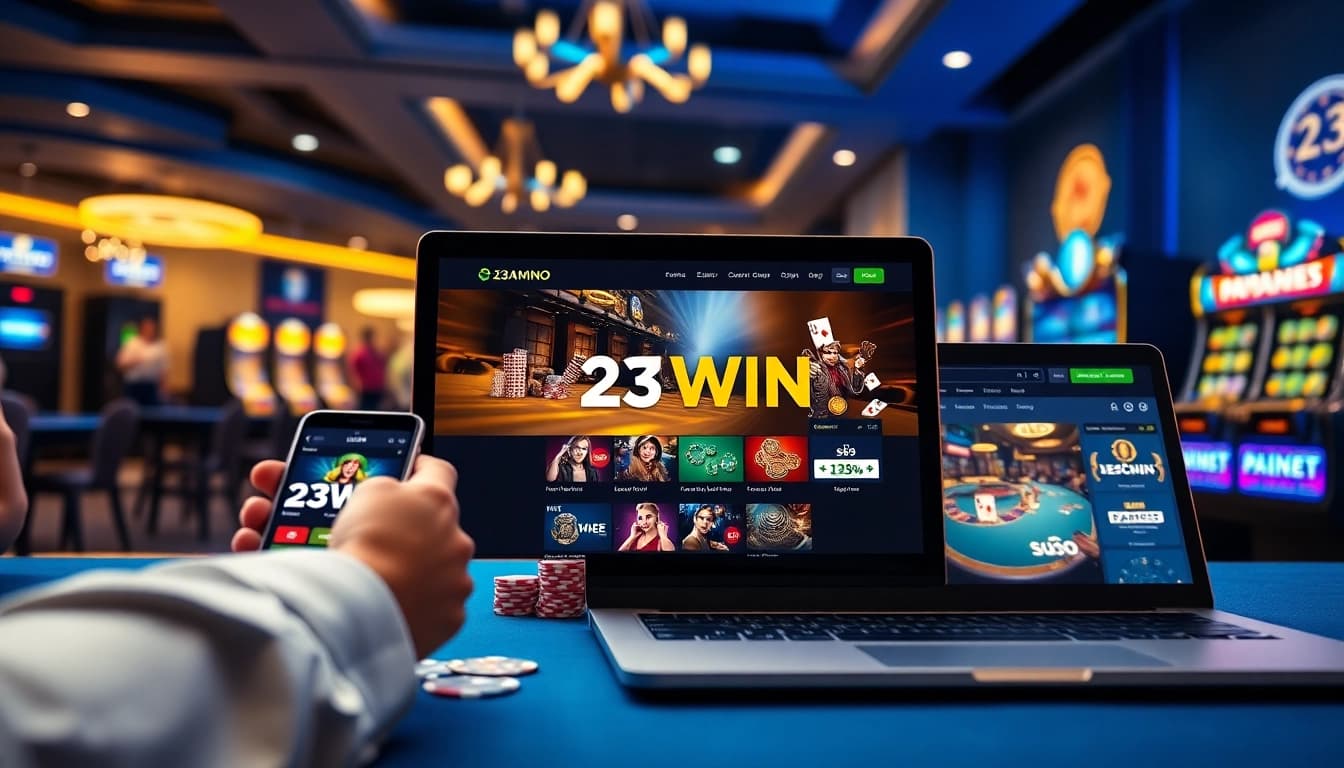 Experience 23WIN online casino with diverse games and a secure platform, featuring sleek design and vibrant colors.