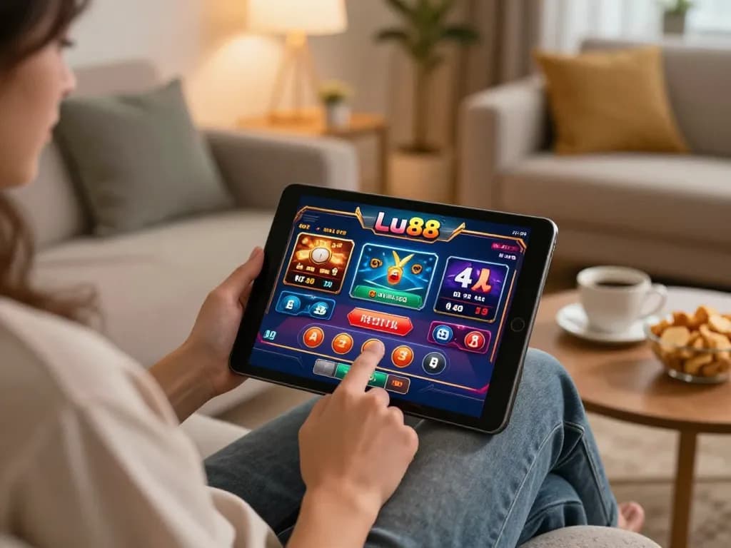 Playing the lu88 game on a tablet, showcasing an engaging online casino experience.