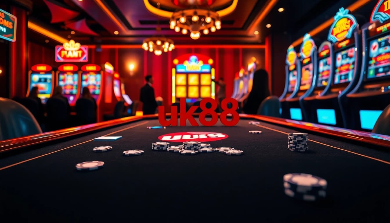 Engage in thrilling online casino gameplay at uk88, featuring vibrant poker chips and energetic slot machines.