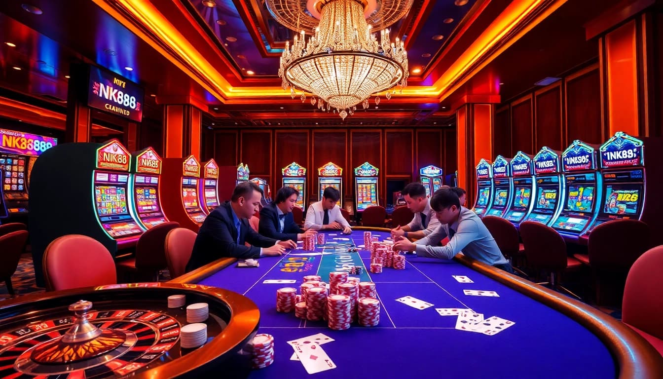 Engage with NK88's exciting casino atmosphere featuring poker players and vibrant slot machines.