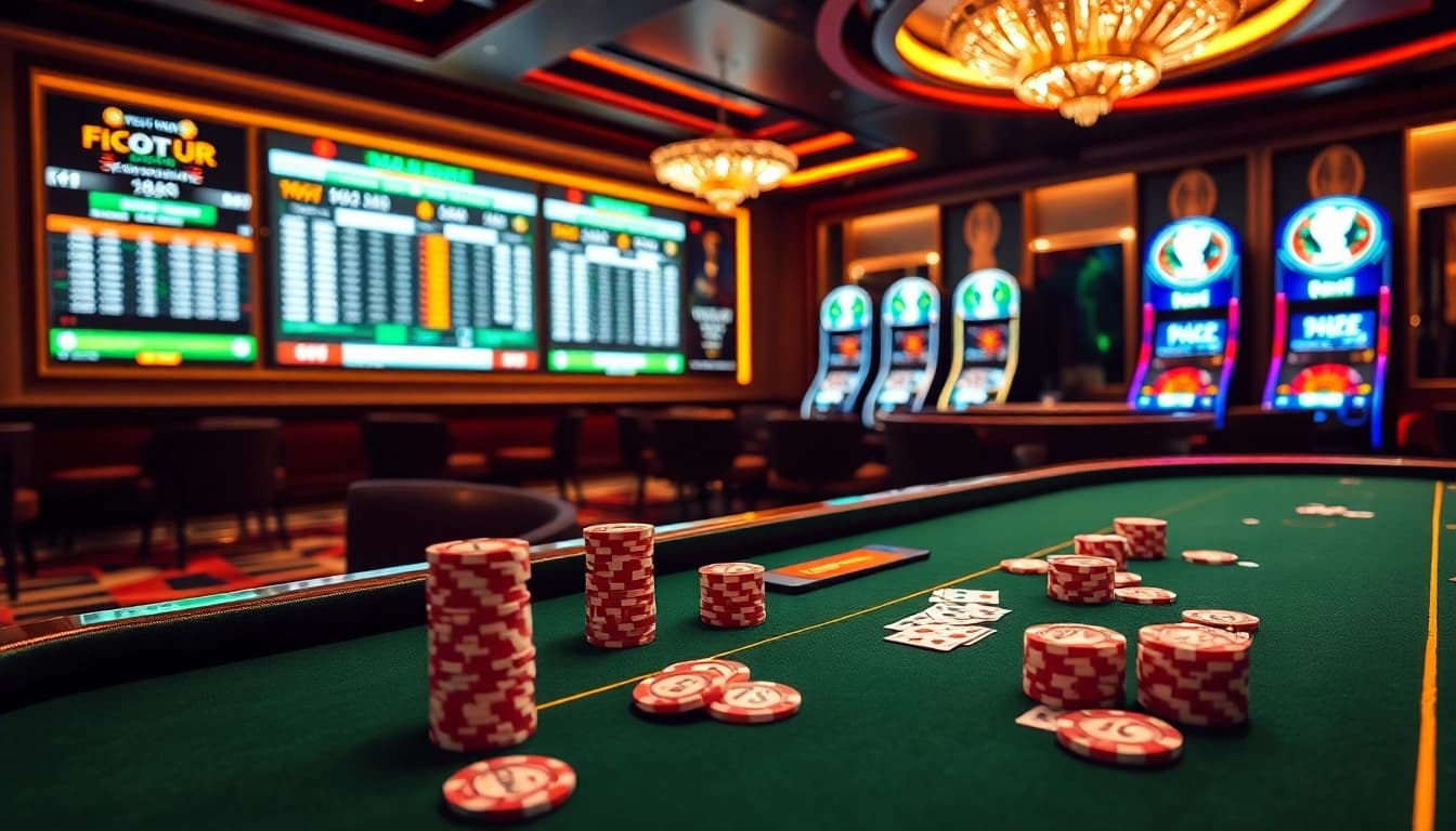 Situs Judi Bola Piala Dunia 2026 table featuring vibrant poker chips and live betting odds in an elegant casino.