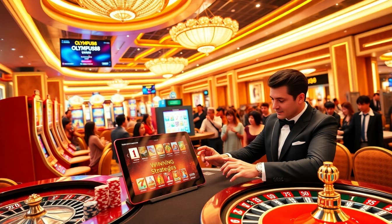 OLYMPUS88 gaming scene with slot machines, poker chips, and a professional dealer engaging gamblers.