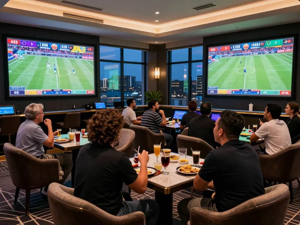 LC88 sports bettors cheering at a luxurious sportsbook with screens displaying live games.
