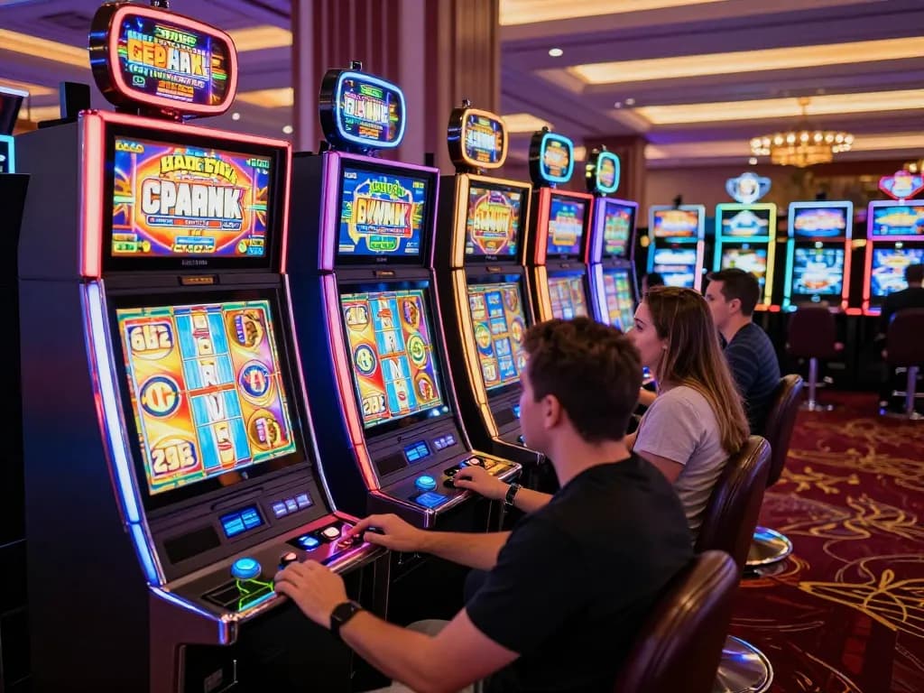 Permainan menarik di Slot Demo PG Soft yang menampilkan mesin slot berwarna-warni dan pemain yang antusias menanti kemenangan