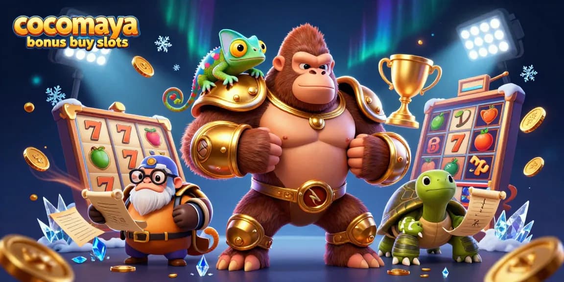 Exciting scene of cocomaya bonus buy slots featuring a powerful gorilla king, chameleon companion, and tortoise elder amidst dynamic slot game elements.