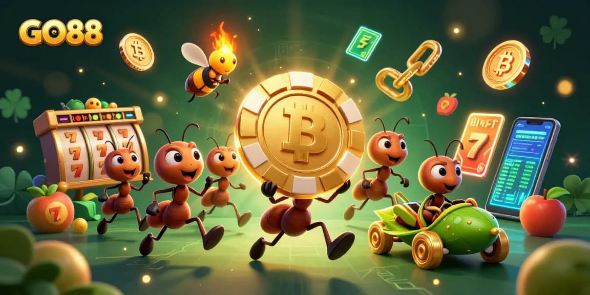 Gamble at GO88 and enjoy vibrant slot games with 3D ants and a dynamic heist scene.