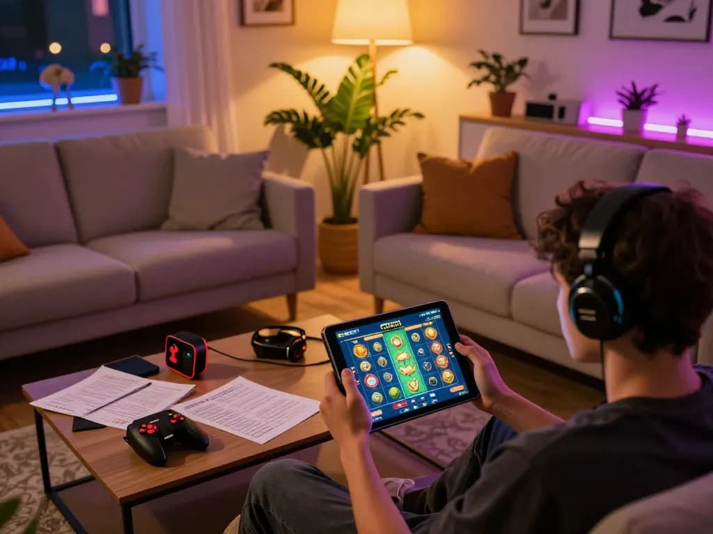 Nohu players enjoying slots from home, with a tablet displaying vibrant gaming interface in a cozy setting.