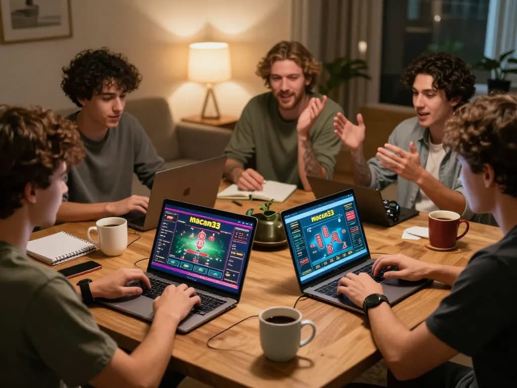 Online players strategizing at home with macan33 gaming displayed on screens, lively atmosphere.